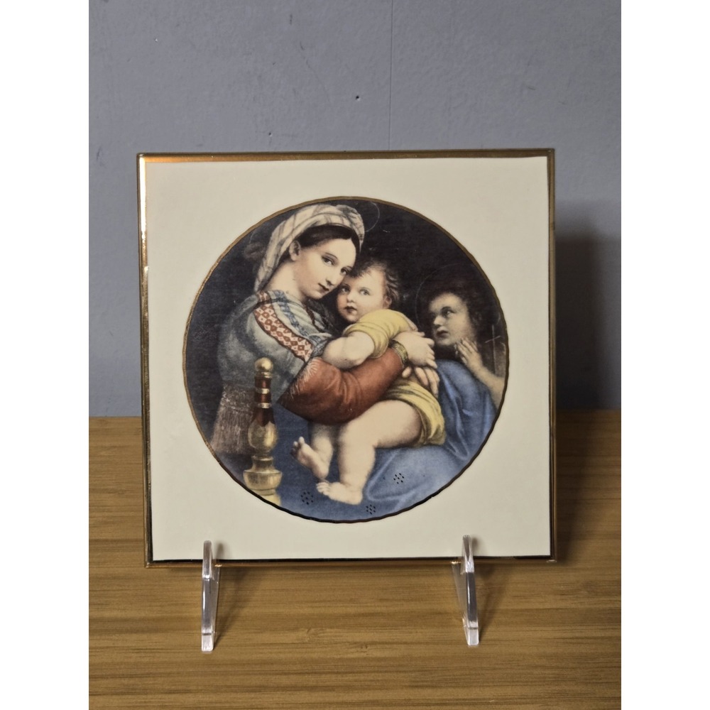 Vintage Italian Ceramic Tile Plaque Of Madonna della Sedia Raphael Made In Italy